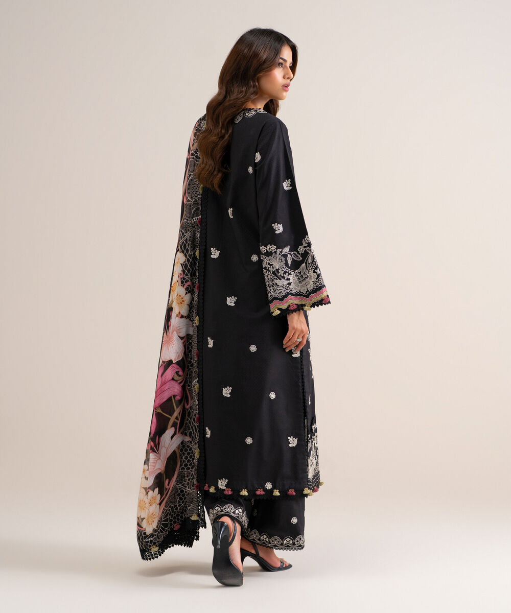 Women's Unstitched Embroidered Dobby Black 3 Piece Suit