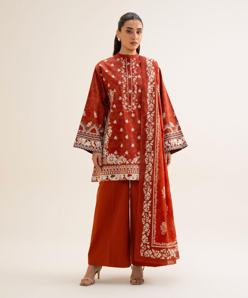 Women's Unstitched Cotton Viscose Printed Rust 3 Piece Suit