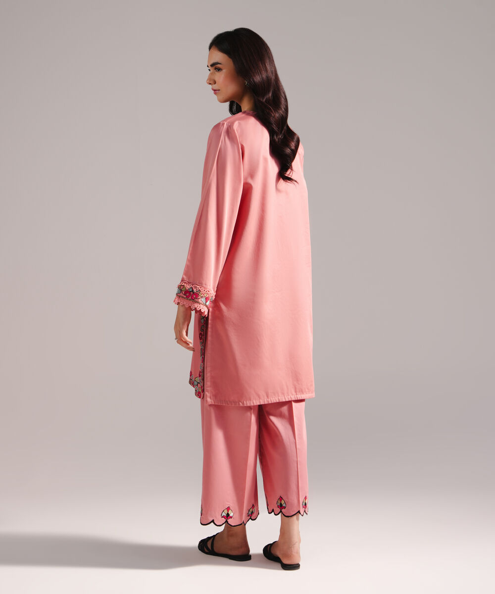 Women's RTW Cotton Satin Embroidered Pink 2 Piece Suit