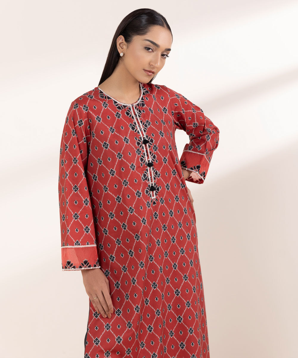 Women's RTW Cotton Viscose Red Embroidered A-Line Shirt