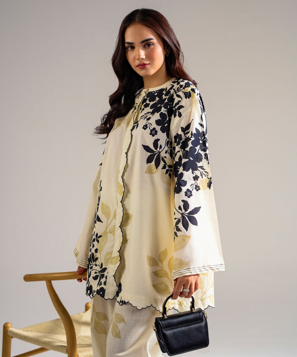 Women's RTW Slub Lawn Printed Off White Drop Shoulder Shirt