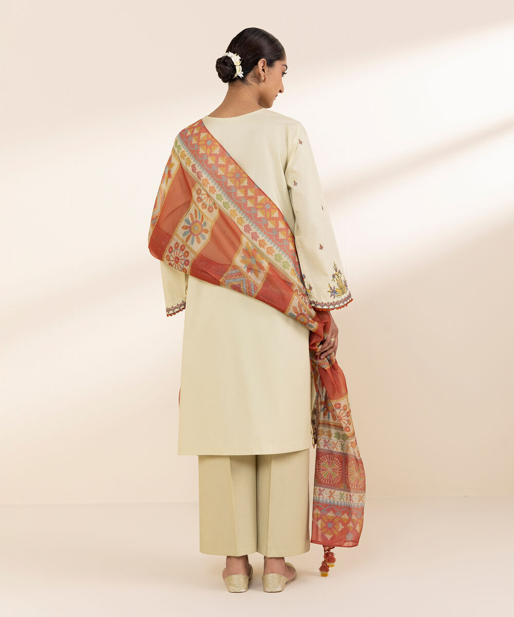 Women's Unstitched Lawn Embroidered Off White 3 Piece Suit