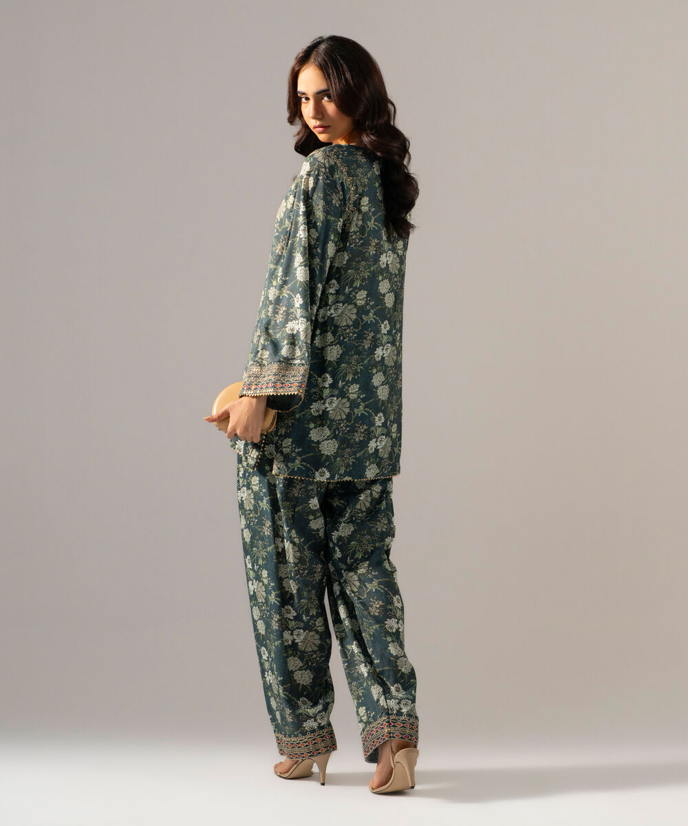 Women's RTW PK Raw Silk Printed Embroidered Teal Blue 2 Piece Suit