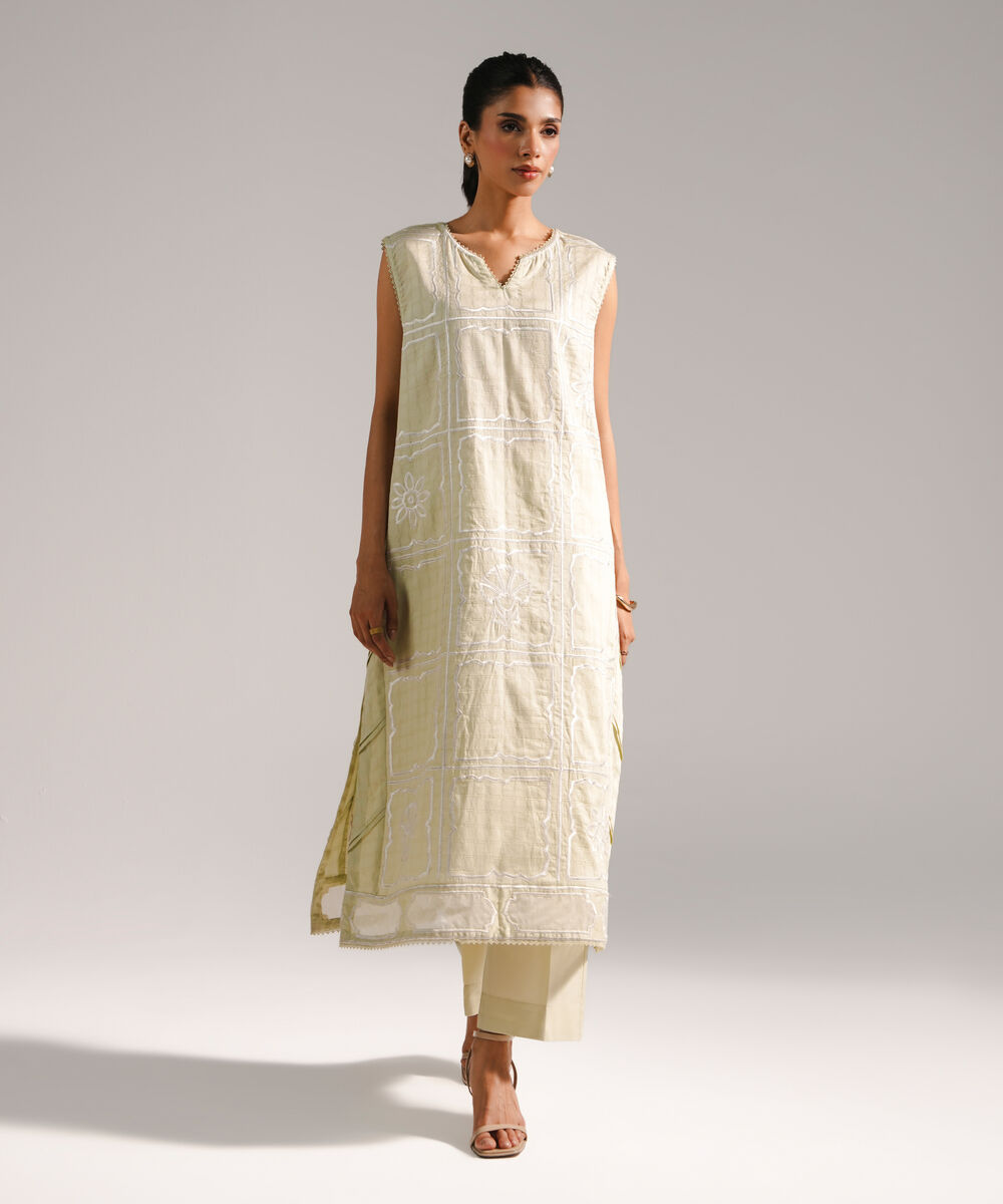 Women's RTW Dobby Embroidered Straight Mint Green Shirt