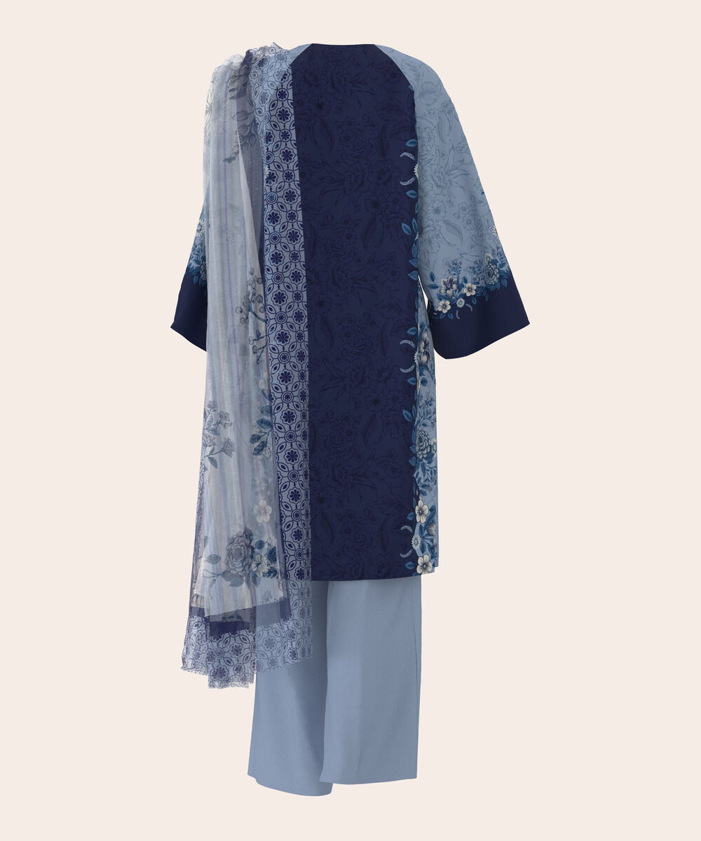 Women's Unstitched Lawn Blue  Embroidered 3 Piece Suit