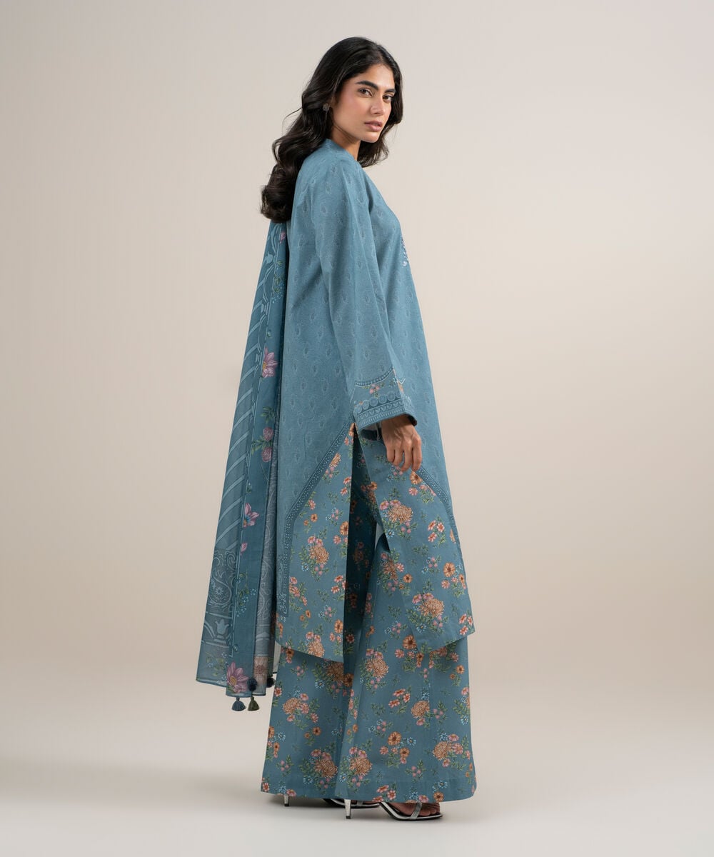 Women's Unstitched Lawn Embroidered Gray Blue 3 Piece Suit