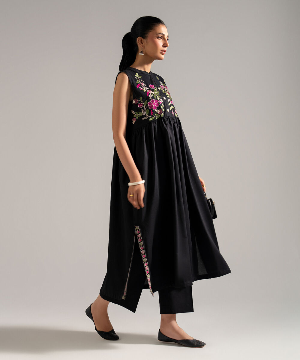 Women's RTW Dobby Embroidered Black Dress Shirt