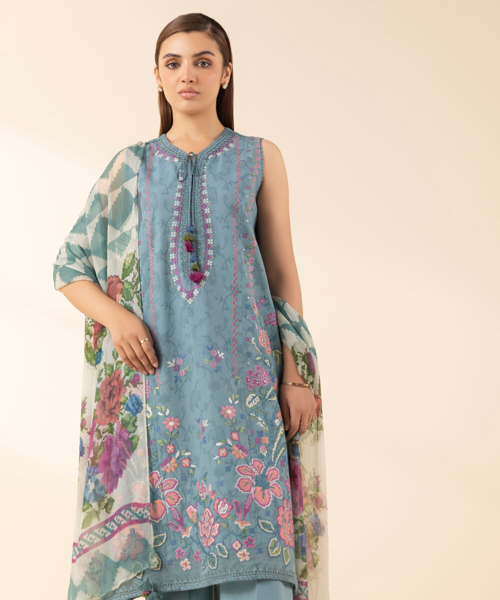 Women's Unstitched Cotton Jacquard Embroidered Blue 3 Piece Suit