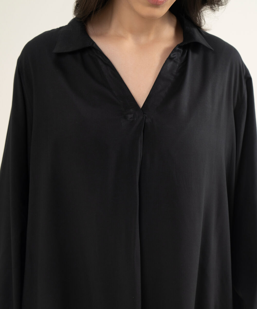Women's RTW Arabic Lawn Solid Black Straight Shirt