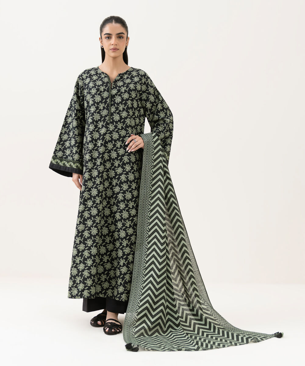 Women's Unstitched Khaddar Printed Black 2 Piece Suit