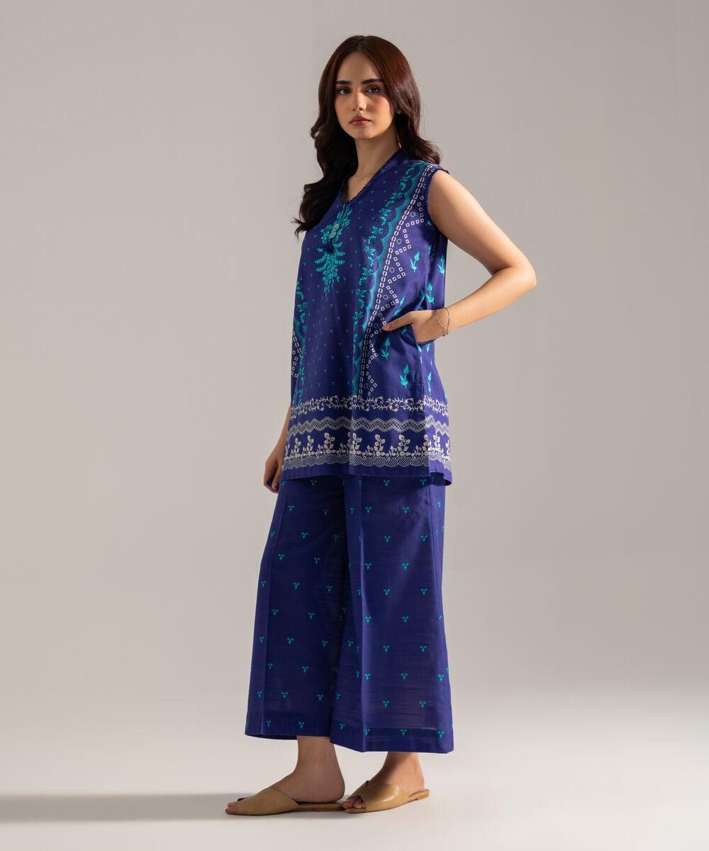 Women's RTW Printed Blue Khaddar Straight Shirt