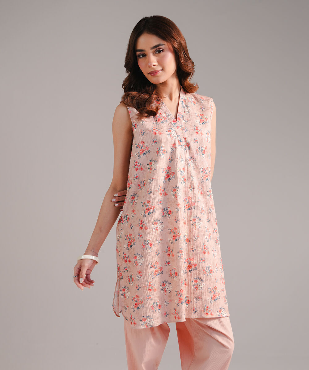 Women's RTW Seersucker Printed Peach 2 Piece Suit