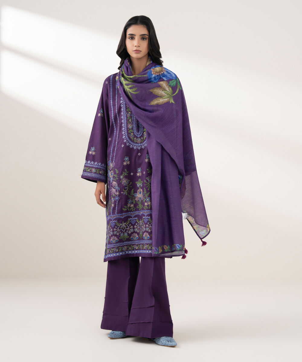 Women's RTW Dobby Embroidered Purple 3 Piece Suit