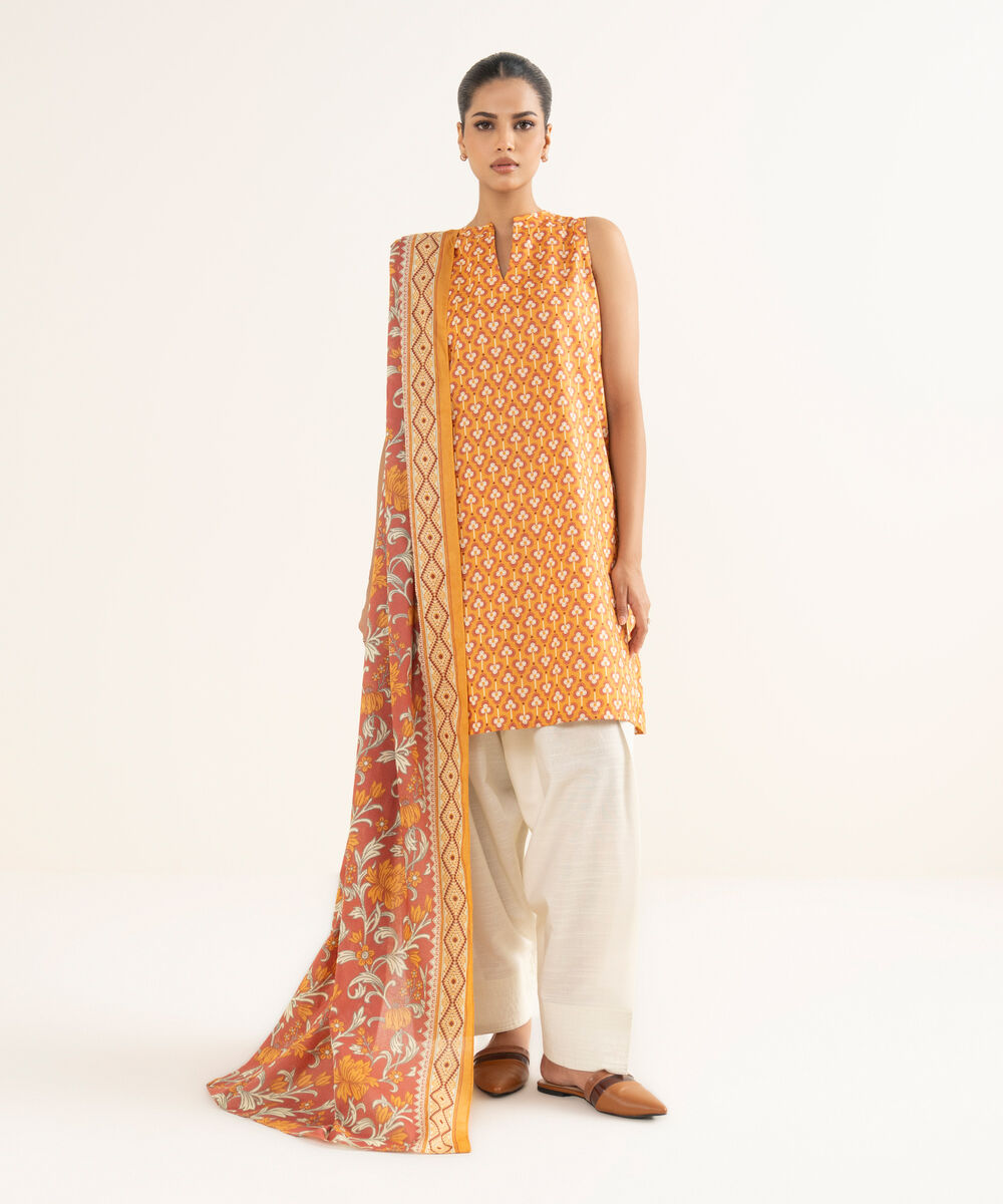 Women's Unstitched Cotton Printed Pink Two Piece Suit