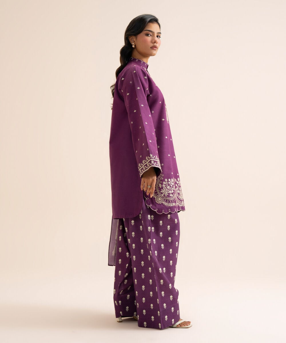 Women's Unstitched Light Khaddar Embroidered Purple 3 Piece Suit