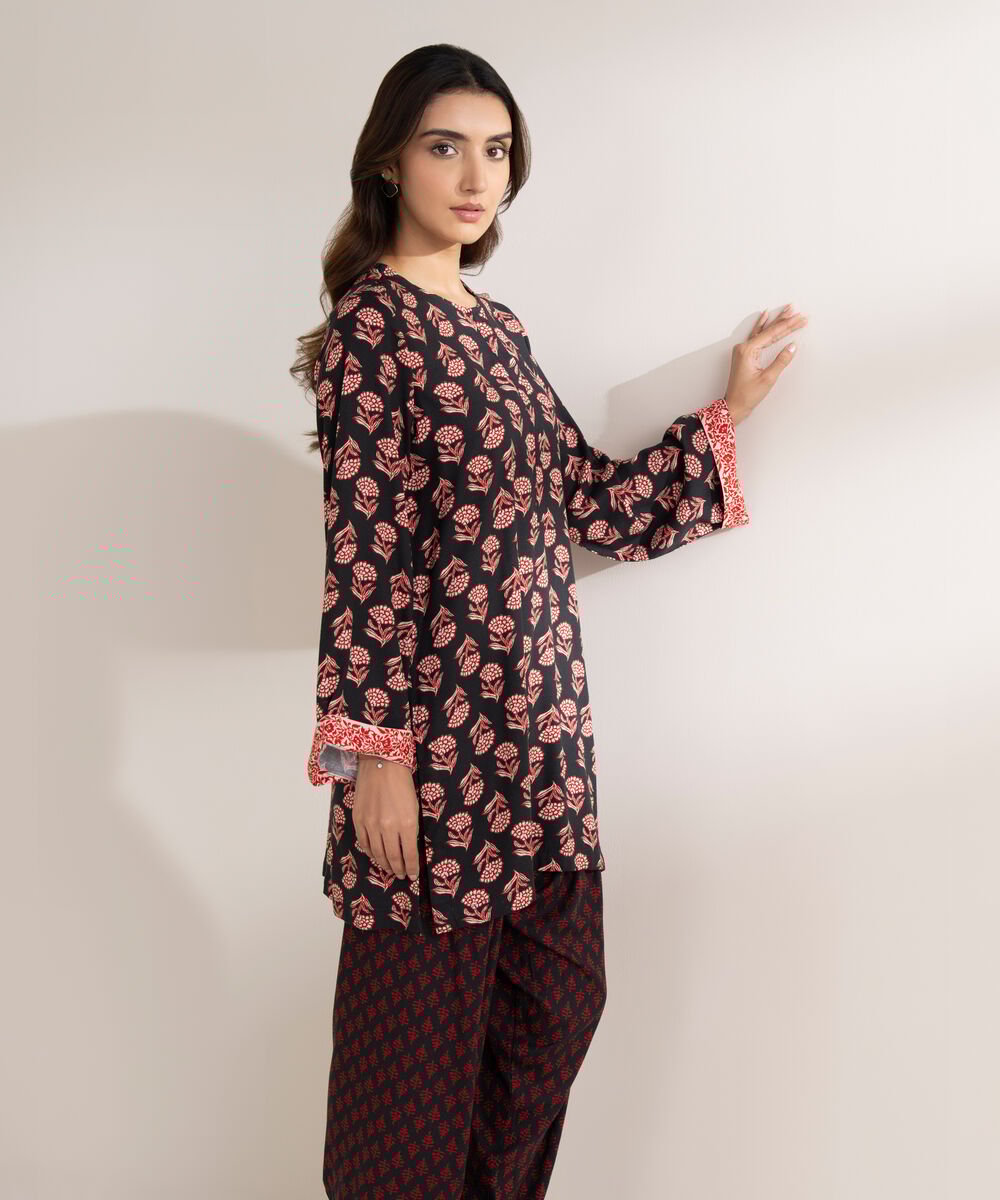 Women's RTW Arabic Dobby Printed Straight Black Shirt