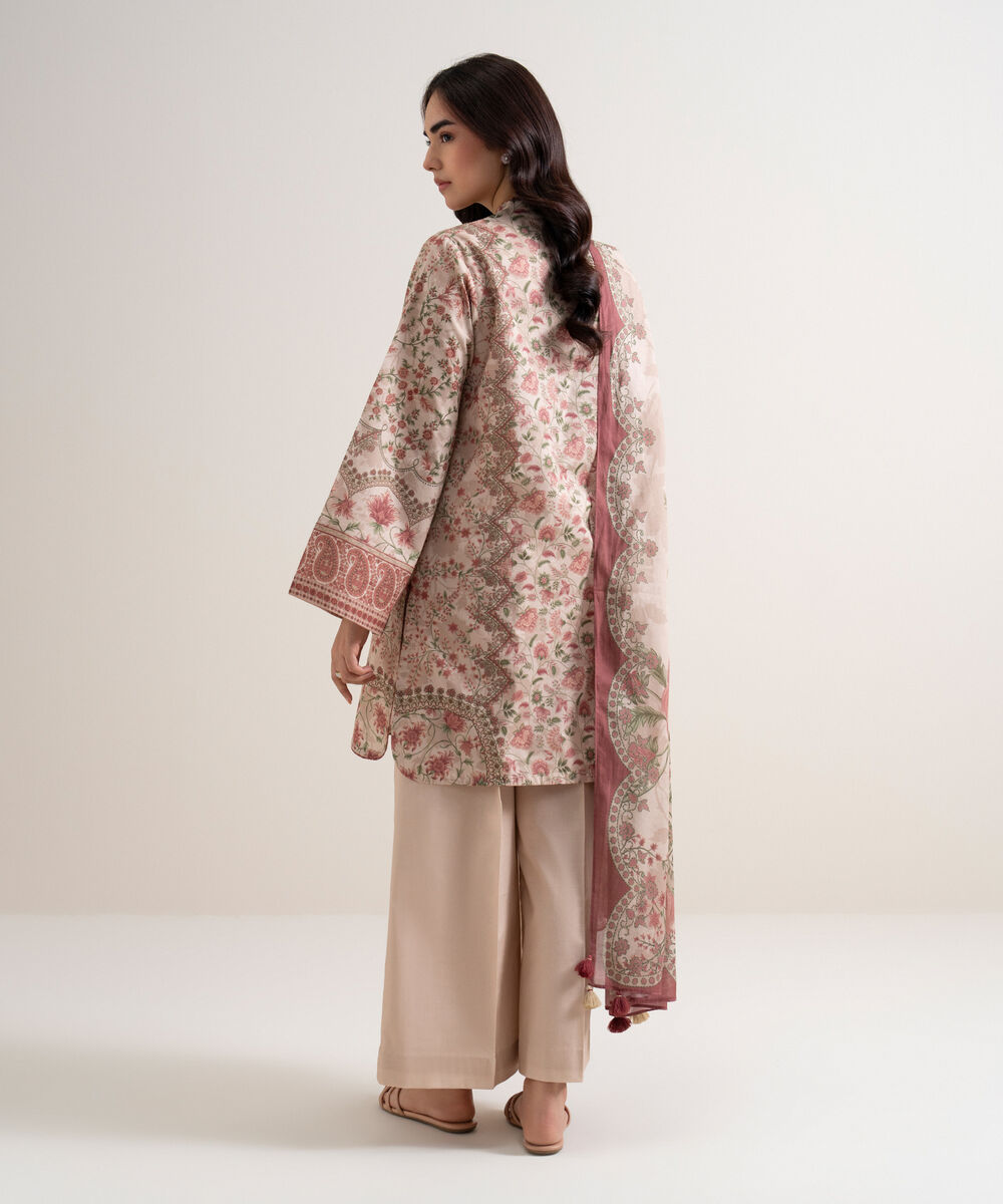 Women's Unstitched Lawn Printed Pink 3 Piece Suit