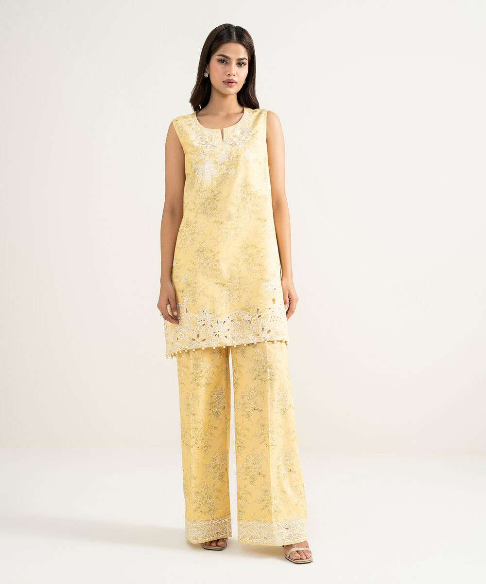 Women's RTW Zari Cotton Embroidered Yellow Straight Shirt
