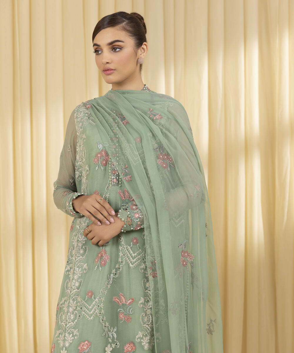 Unstitched Women's Green Crinkle Chiffon 3 Piece Suit