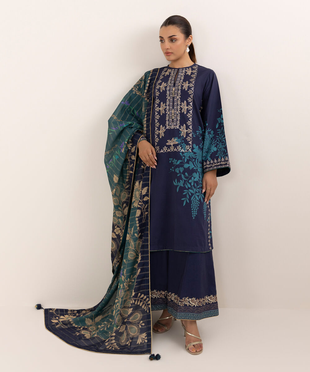 Women's Unstitched Lawn Embroidered Blue 3 Piece Suit