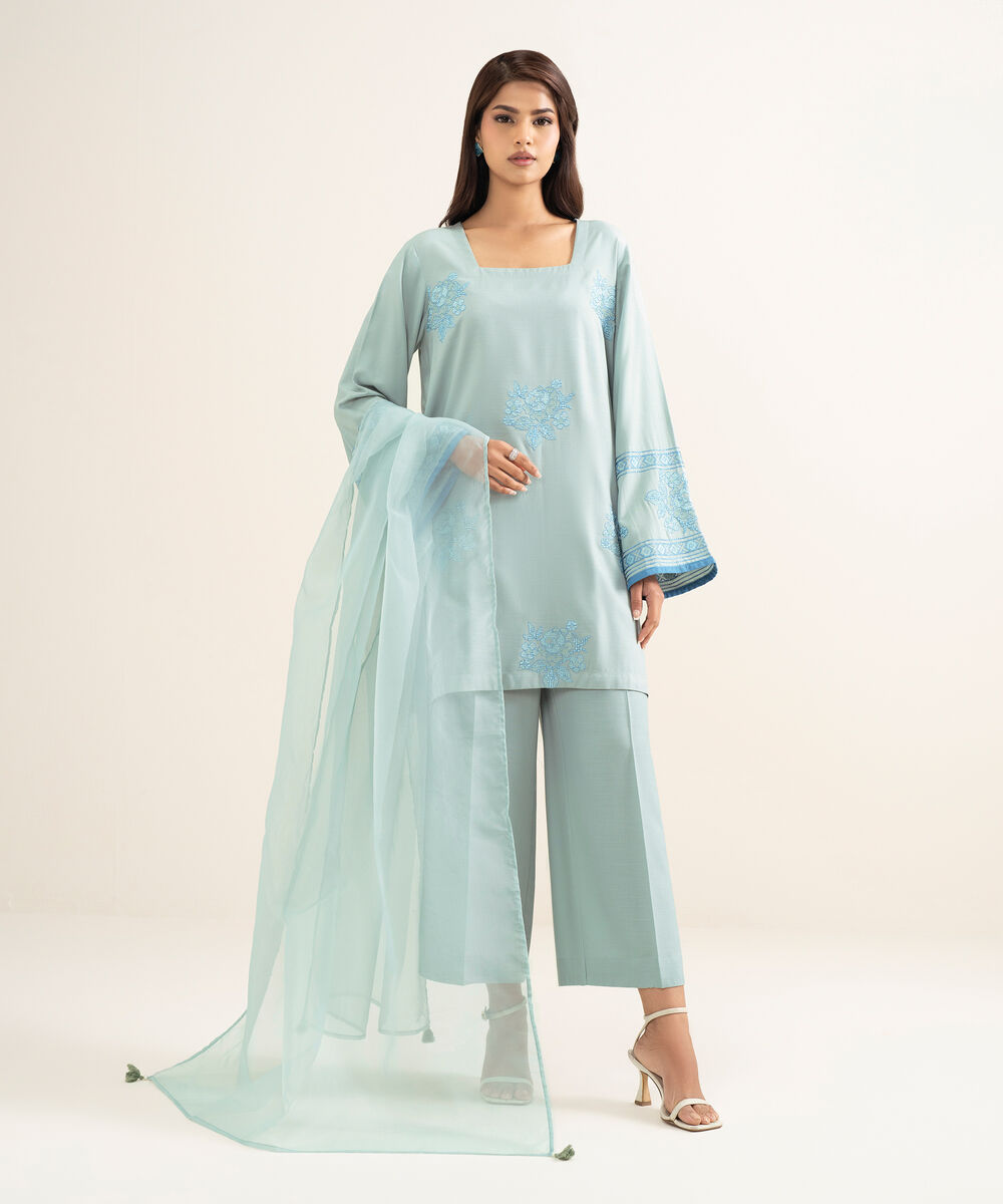 Women's RTW Cotton Viscose Embroidered Blue Straight Shirt