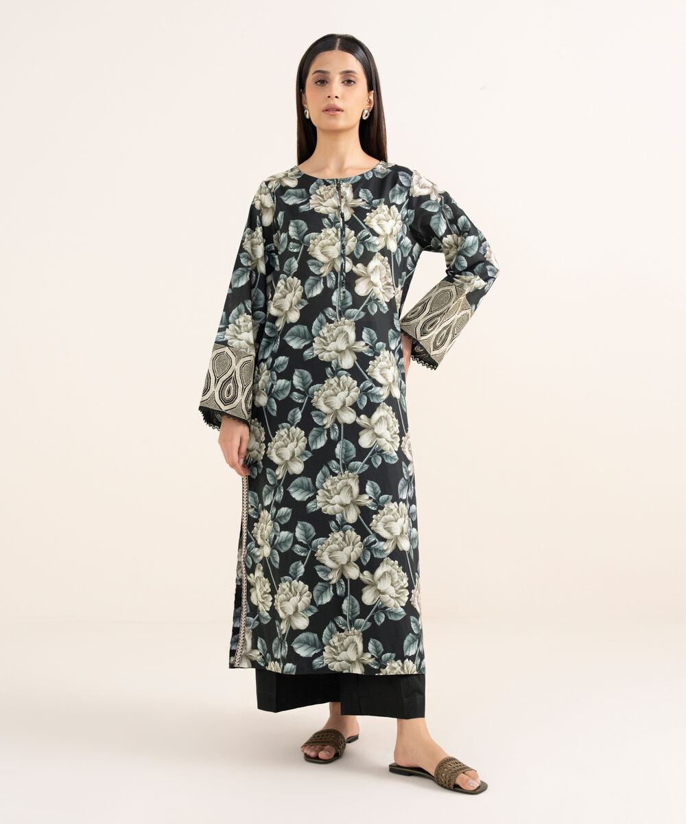 Women's RTW Textured Lawn Black Embroidered A-Line Shirt