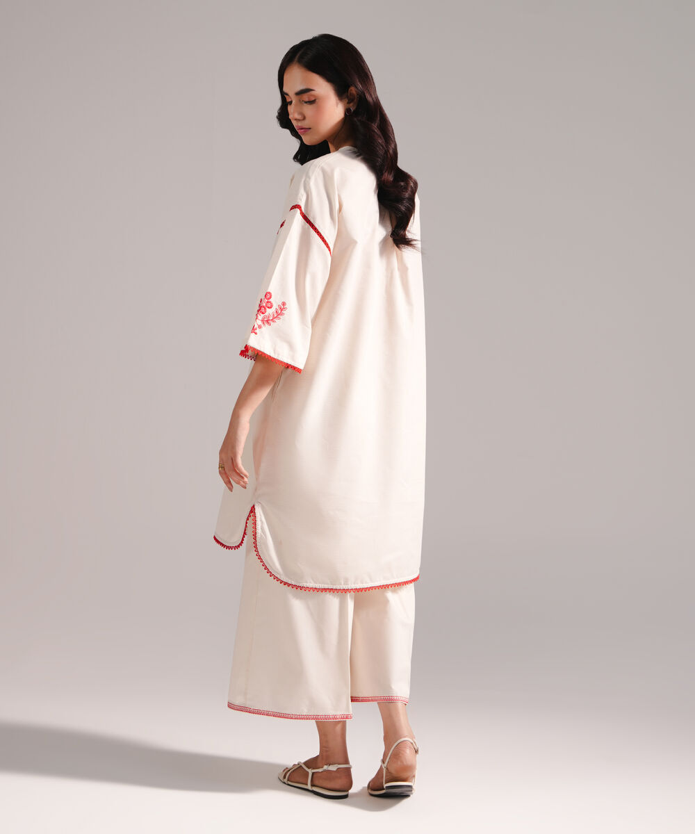 Women's RTW Zari Lawn Embroidered Beige Drop Shoulder Shirt