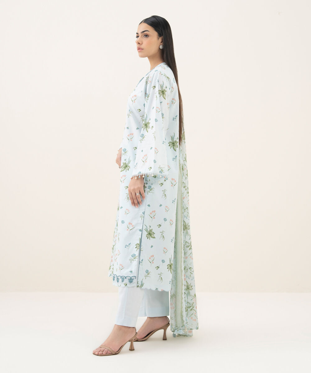 Women's Unstitched Lawn Embroidered Blue 3 Piece Suit