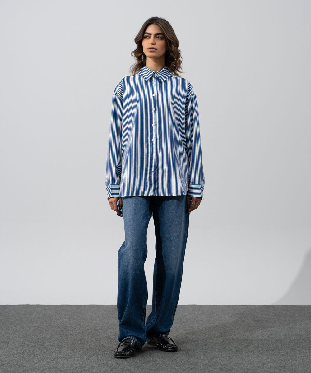 Women's Western Wear Blue And White Cotton Striped Button-Up Shirt