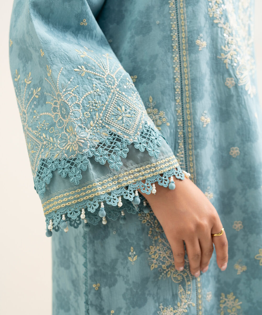 Women's Unstitched Cotton Jacquard Embroidered Blue 3 Piece Suit