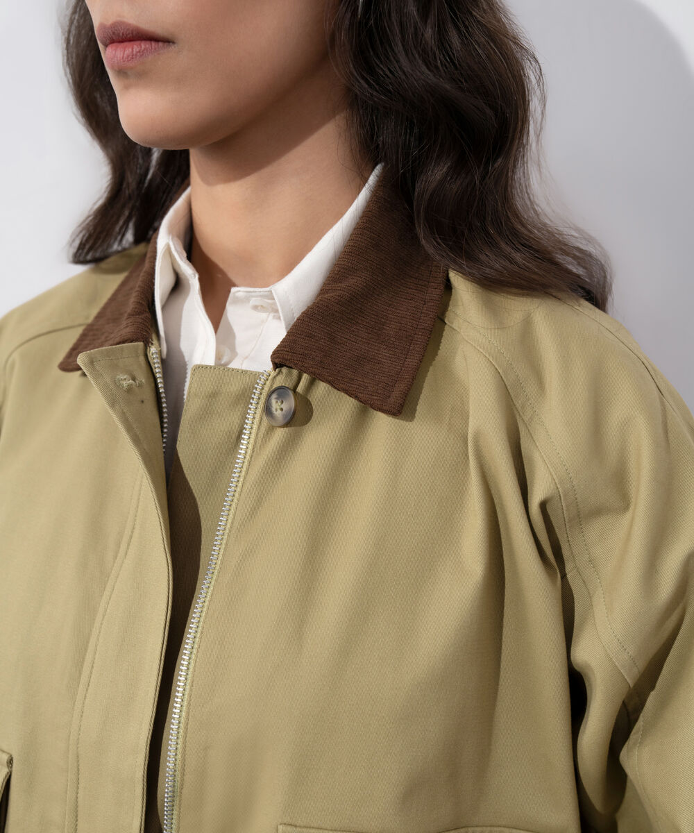Women's Western Wear Khaki Corduroy Collar Twill Jacket