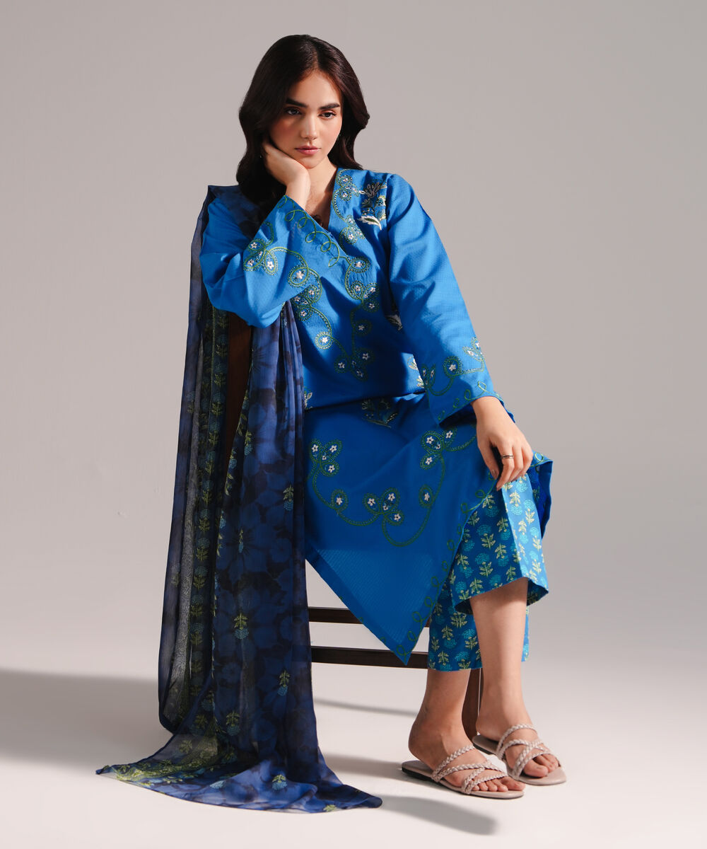 Women's RTW Dobby Embroidered Blue 3 Piece Suit