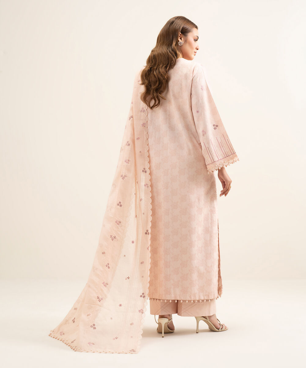 Women's Unstitched Cotton Jacquard Embroidered Pink 3 Piece Suit