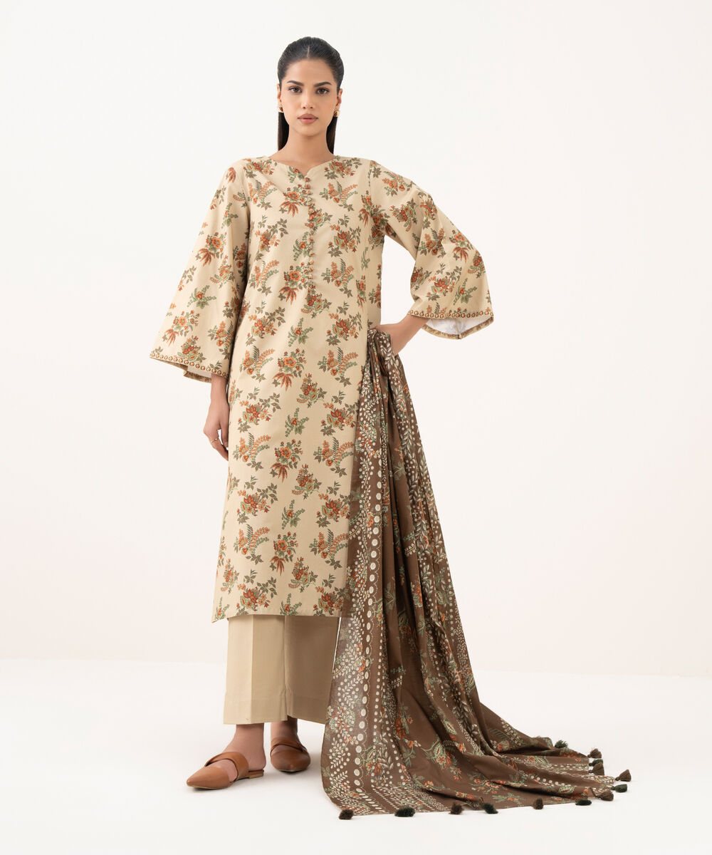 Women's Unstitched Cotton Printed Beige  Three Piece Suit