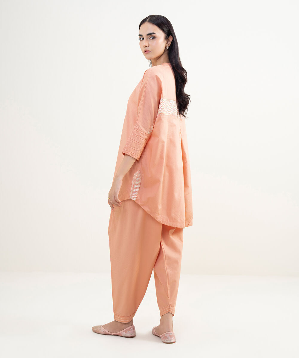 Women's RTW Dobby Embroidered Pink Drop Shoulder Shirt