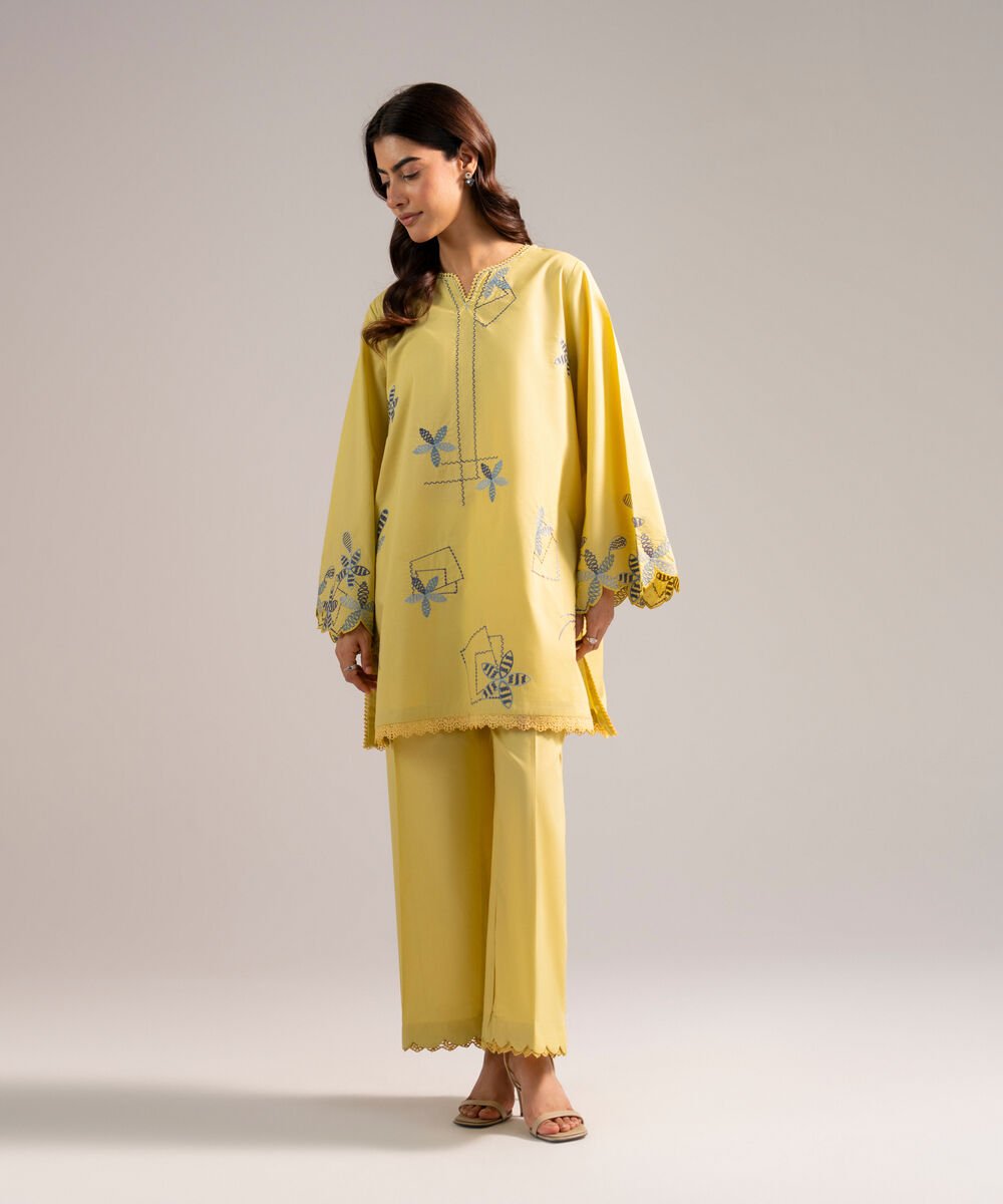 Women's RTW Cotton Viscose Embroidered Pale Yellow A-Line Shirt