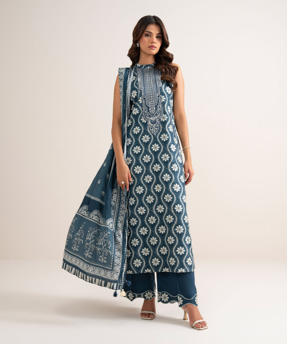 Women's Unstitched Embroidered Linen Blue 3 Piece Suit