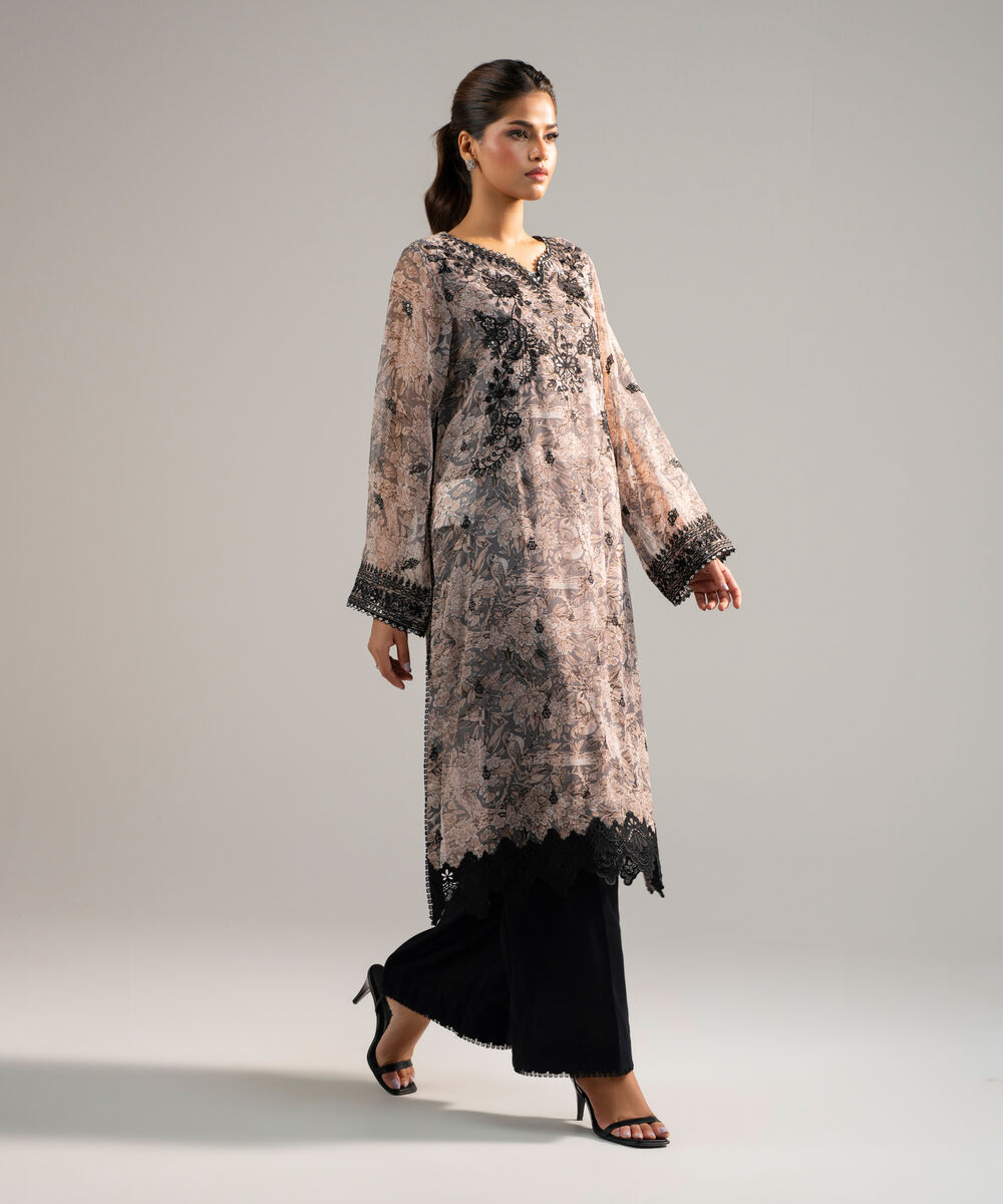 Women's RTW Chiffon Embroidered Grey 2 Piece Suit