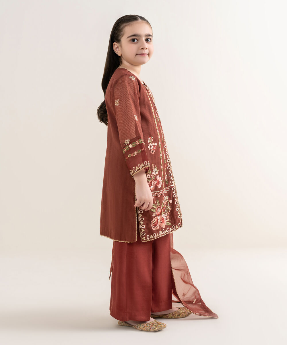 Girl's Blended Textured Karandi Brown Embroidered 3 Piece Suit