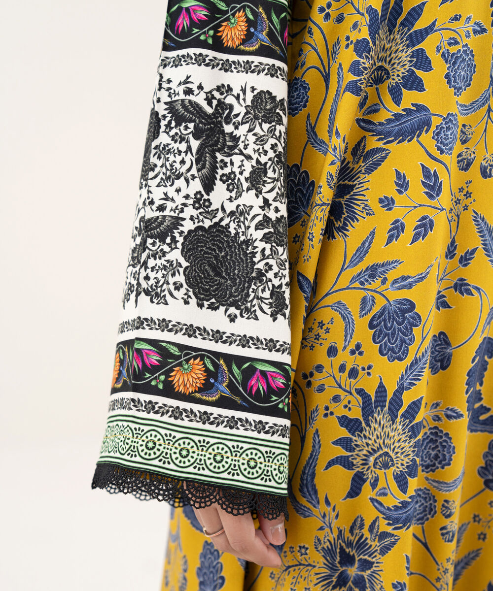 Women's RTW Viscose Linen Printed A-Line Mustard Shirt