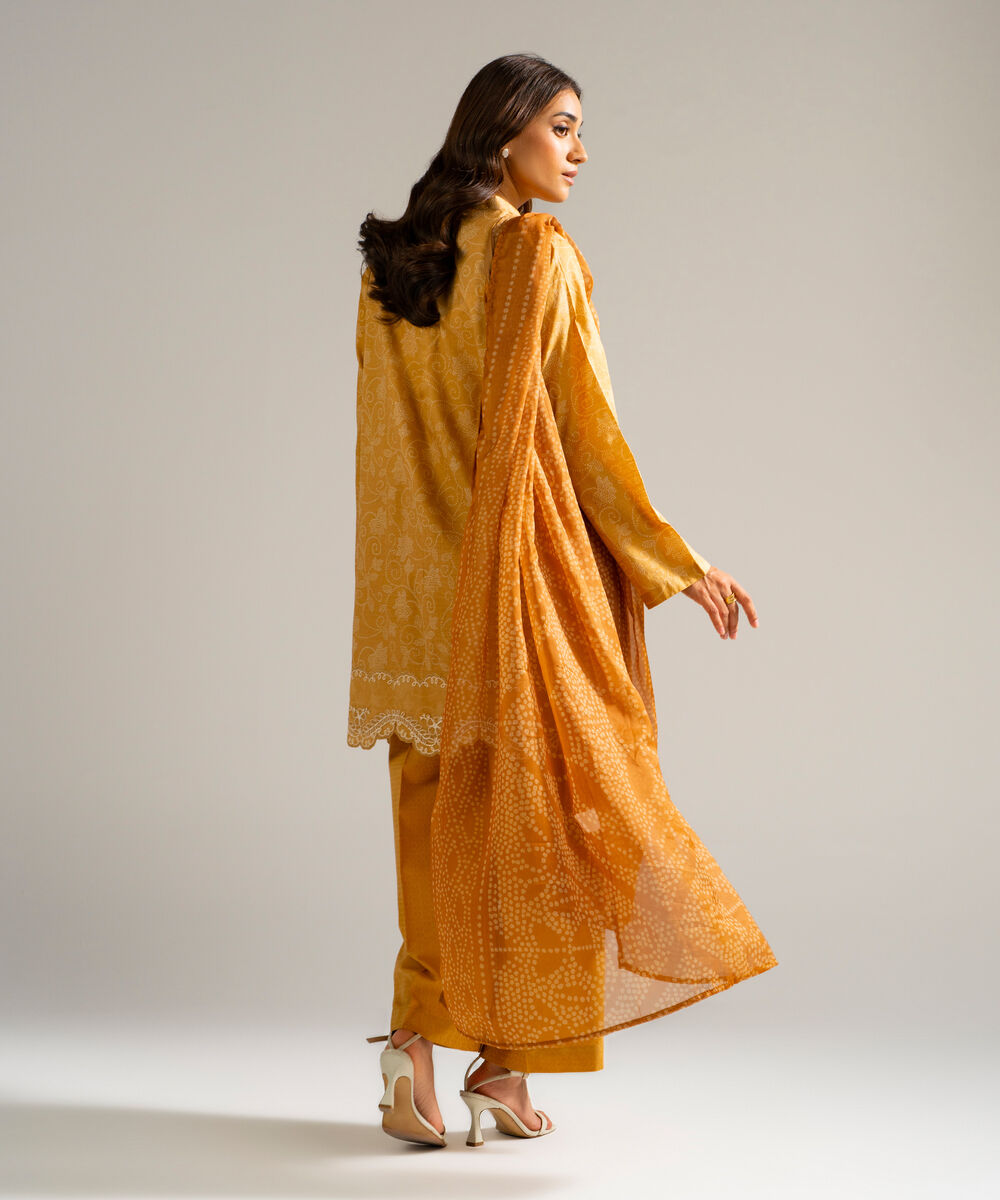 Women's RTW Self Jacquard Embroidered Yellow 3 Piece Suit