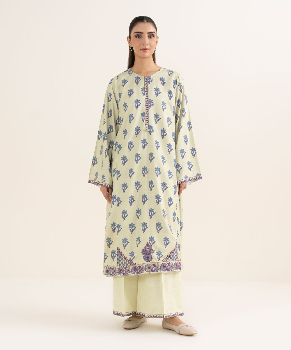 Women's RTW Cotton Embroidered Mint Green A-Line Shirt