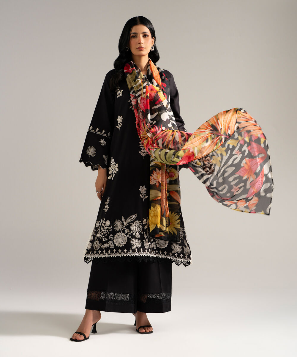 Women's RTW Dobby Crepe Embroidered Black 3 Piece Suit