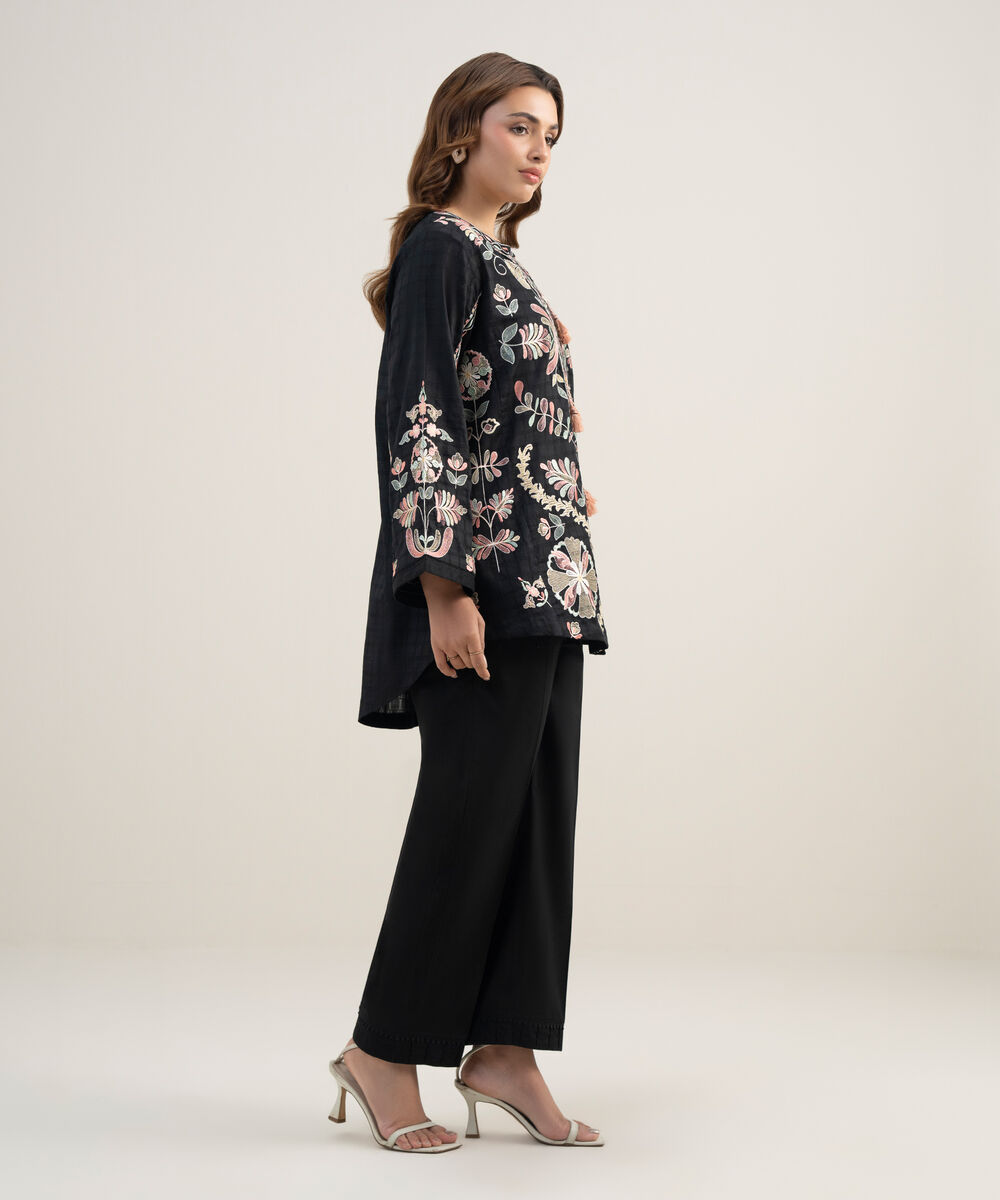 Women's RTW Dobby Embroidered Black Straight Shirt