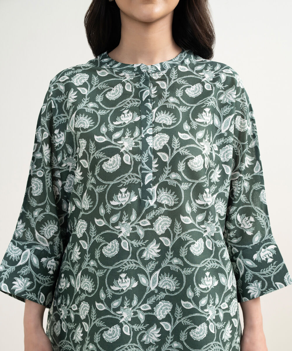 Women's RTW Lawn Printed Green Drop Shoulder Shirt