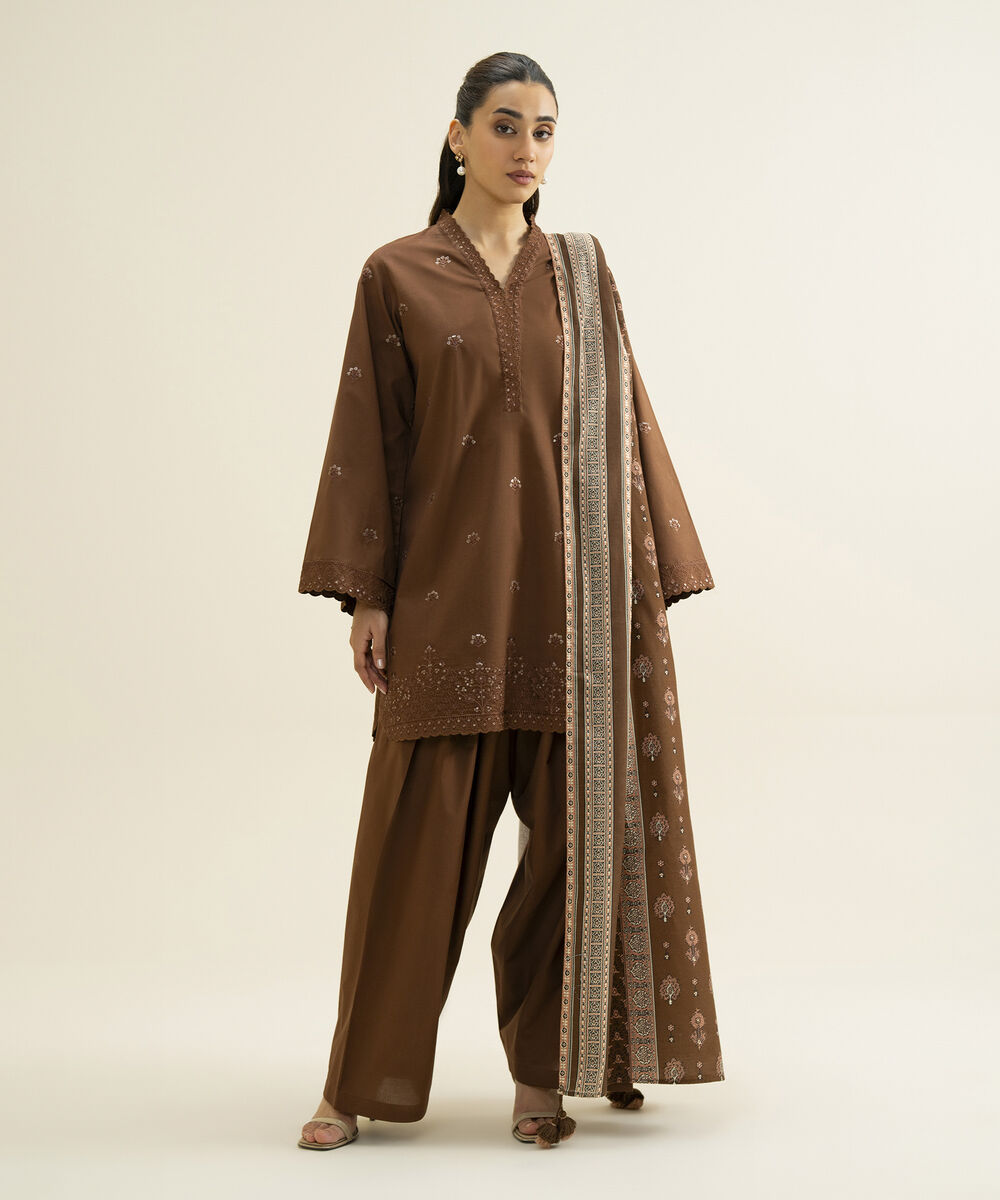 Women's Unstitched Basic Khaddar Embroidered Brown 3 Piece Suit