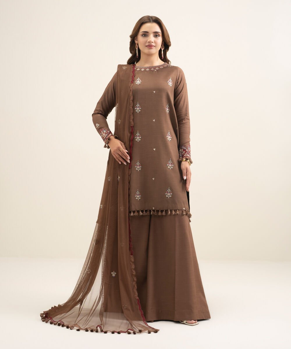 Women's Unstitched Viscose Raw Silk Embroidered Brown 3 Piece Suit