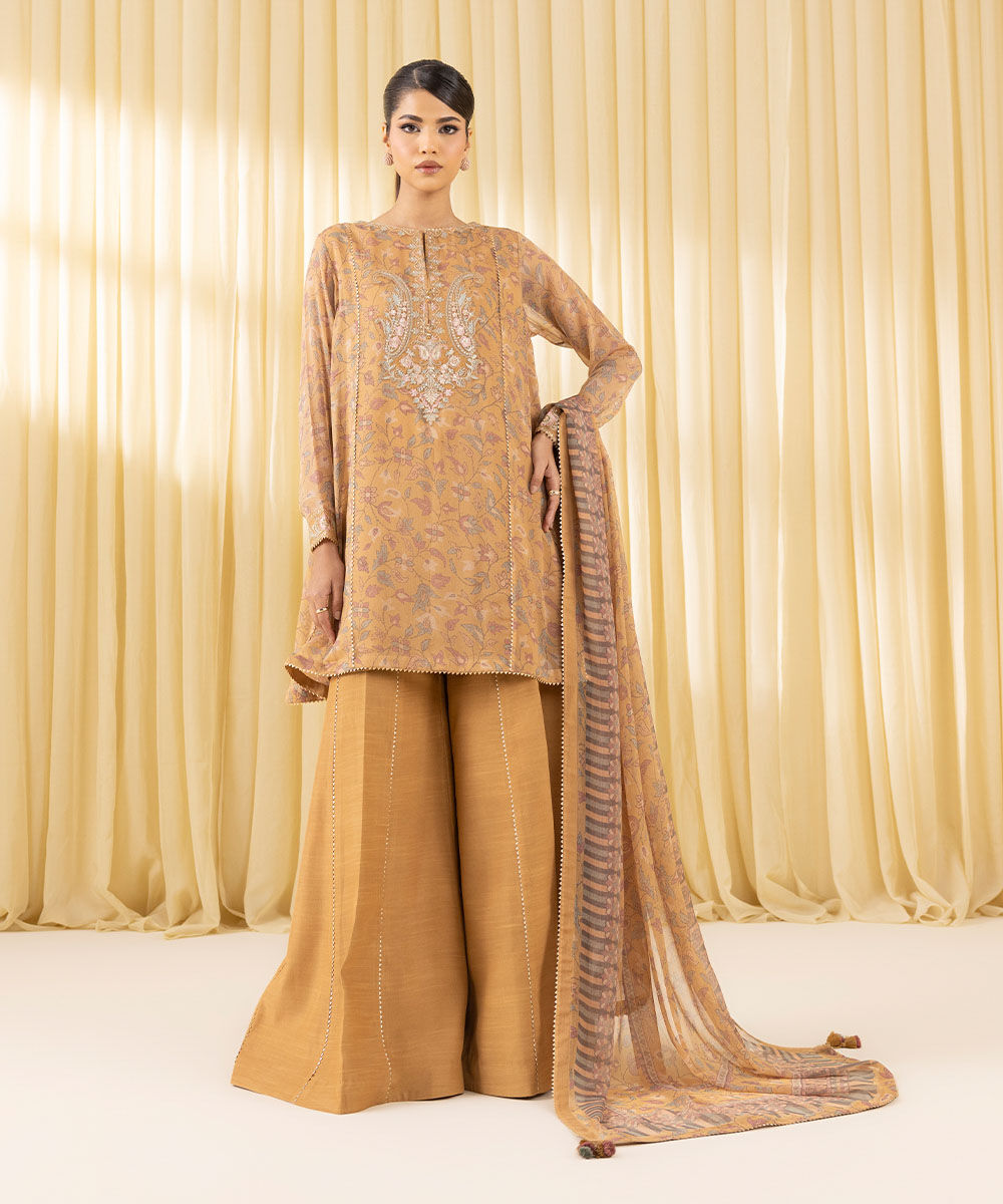 Unstitched Women's Yellow Chiffon Embroidered 3 Piece Suit