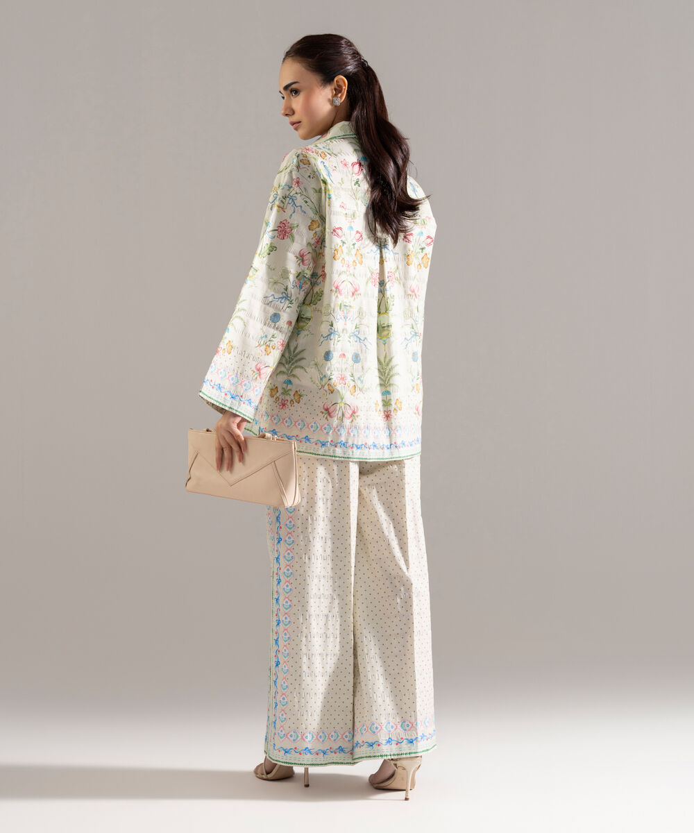 Women's RTW Seersucker Printed Beige Drop Shoulder Shirt