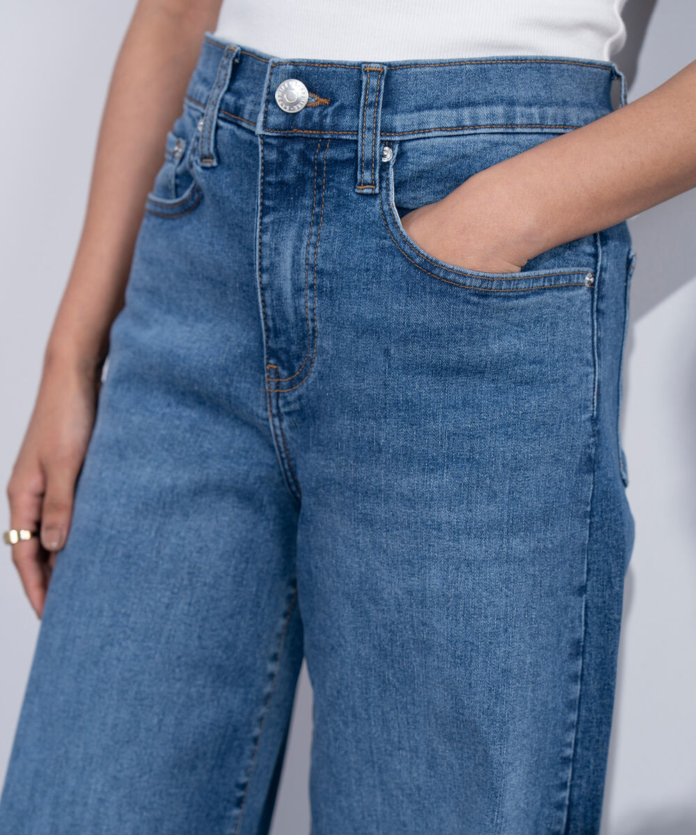 Women's Western Mid Blue Wash High Rise Wide Leg Jeans